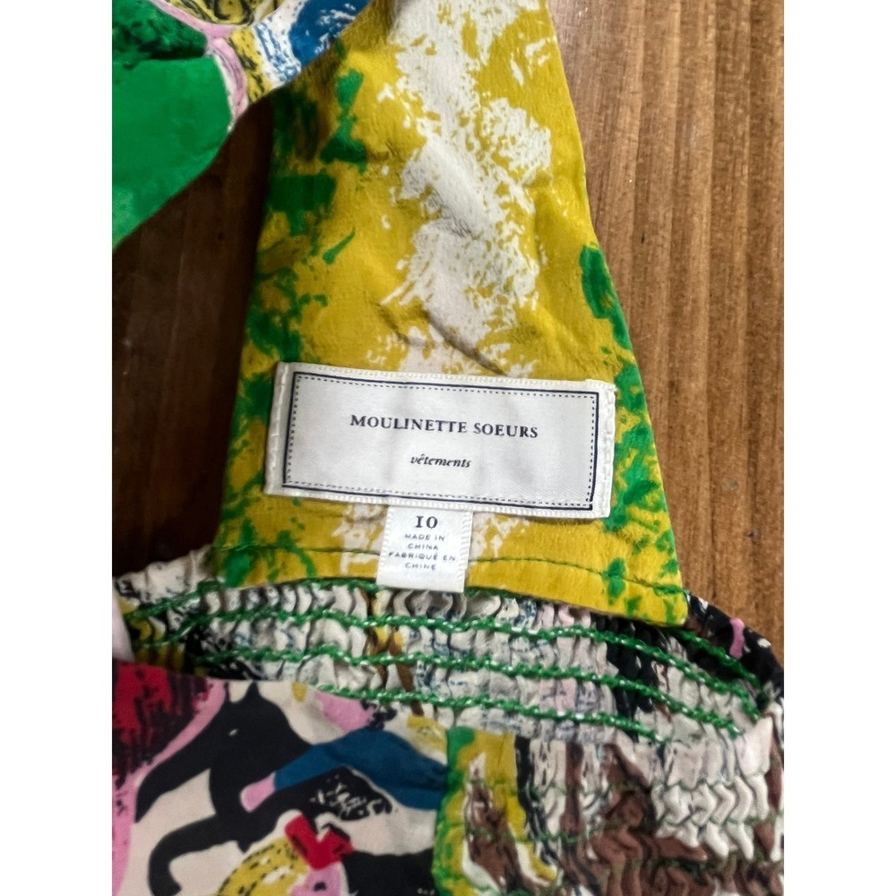 Moulinette Soeurs Carousel Peacock Print Ruffle Dress Green Yellow Pink Size 10 - Picture 5 of 9